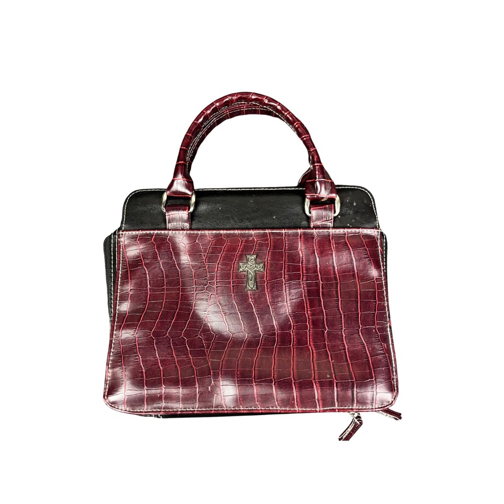 Christian Art Gifts Burgundy Croc Embossed Bible Cover Cross Organizer Bag L